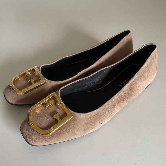 Furla Fantastica Ballet Flat Suede Gold Tone Logo Blush Pink Slip On 37 … - Picture 7 of 10